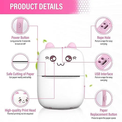 Bluetooth Mini Printer for Students | Inkless Wireless Thermal Printer (Black & White) | Portable Ink Free Printer for Android & iOS | 1200mAh Rechargeable Battery
